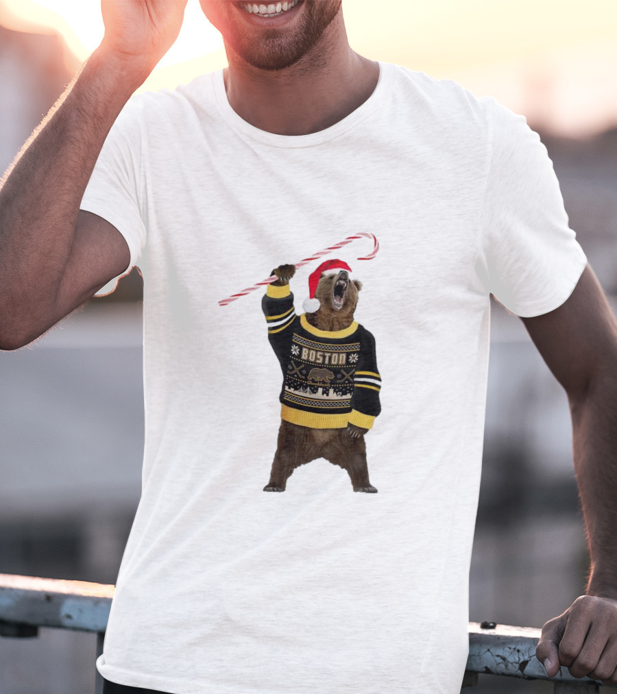 Boston Bear Christmas Holiday Sweater Santa Hat Candy Cane T-Shirt
