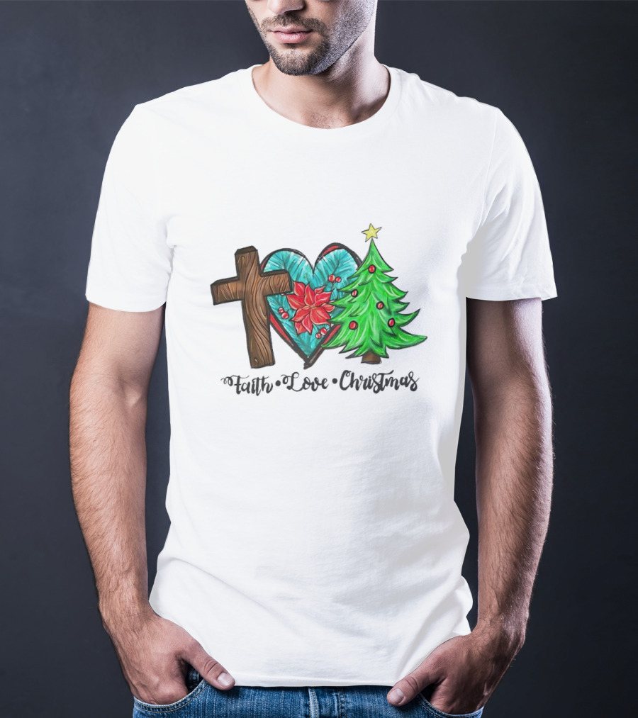 Faith Love Christmas Cross Poinsettia Tree T-Shirt