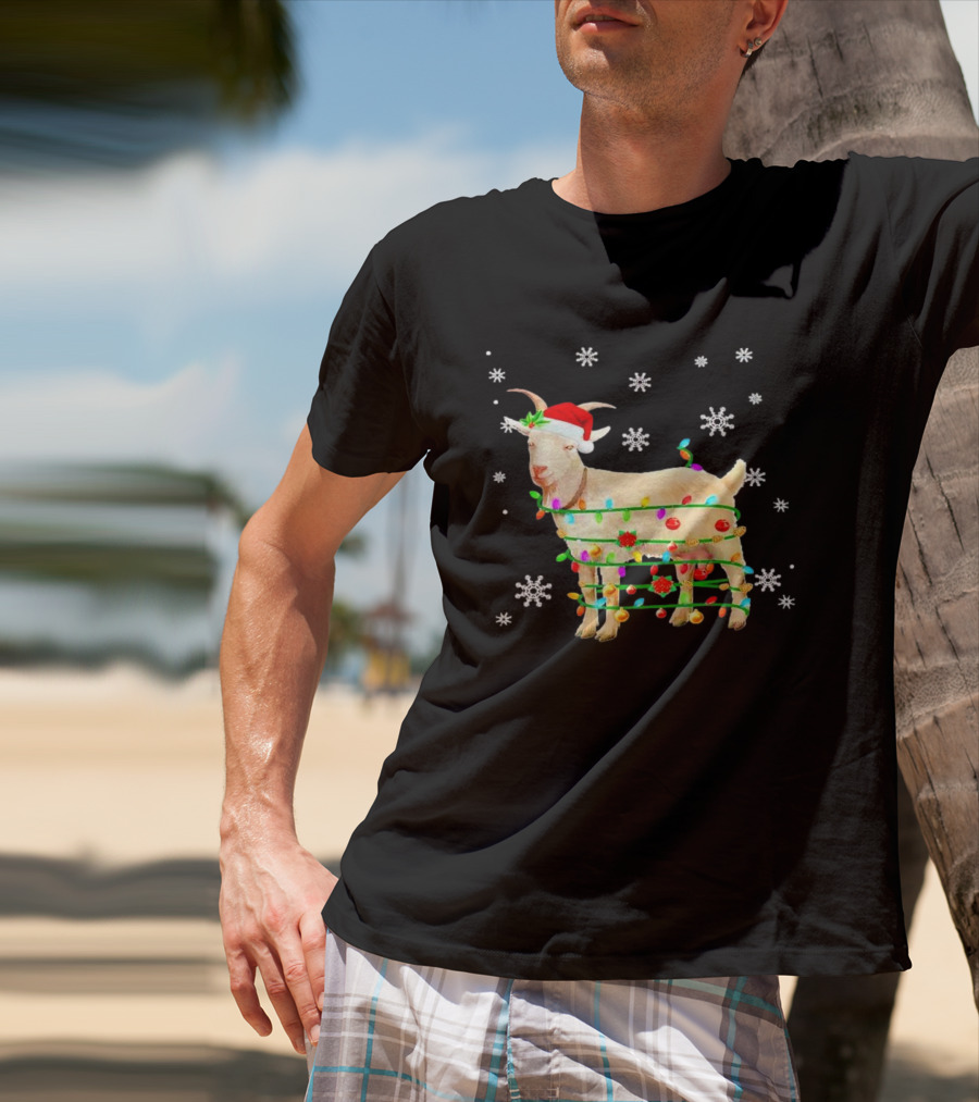 Goat Wrapped In Christmas Lights With Santa Hat And Snowflakes T-Shirt
