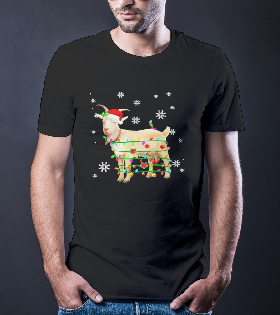 Goat Wrapped In Christmas Lights With Santa Hat And Snowflakes T-Shirt