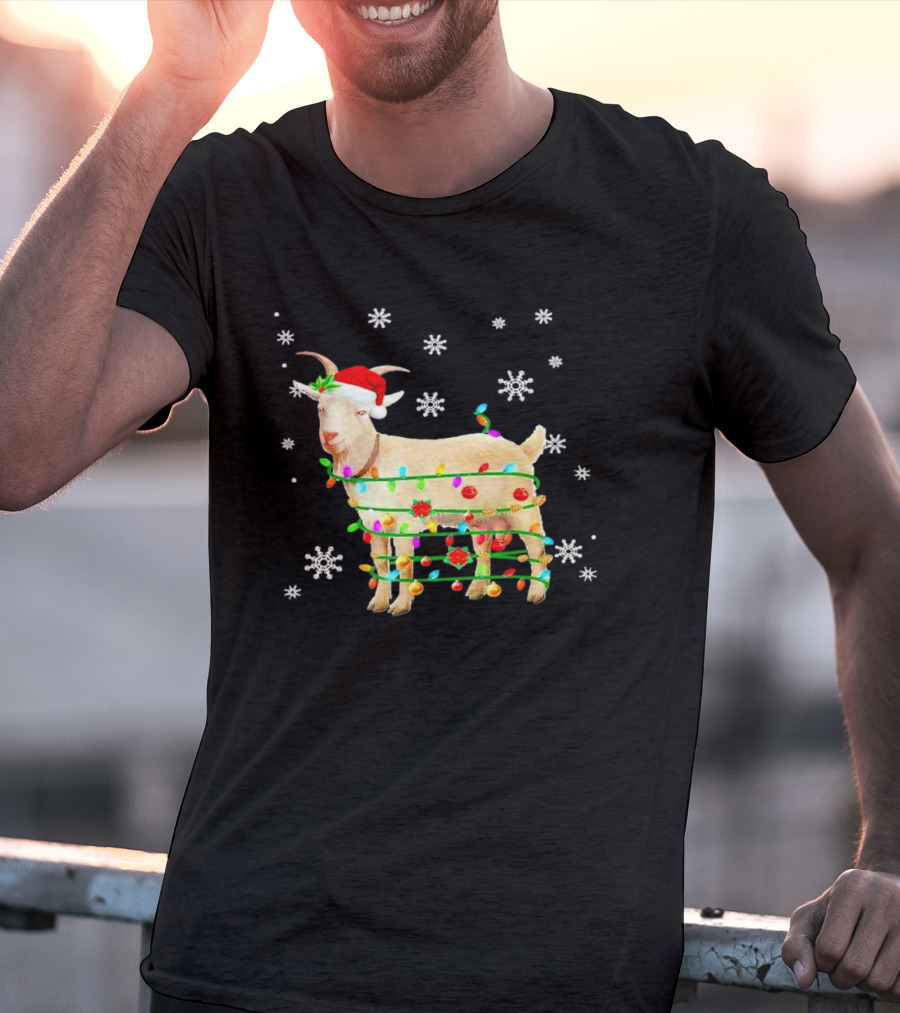 Goat Wrapped In Christmas Lights With Santa Hat And Snowflakes T-Shirt
