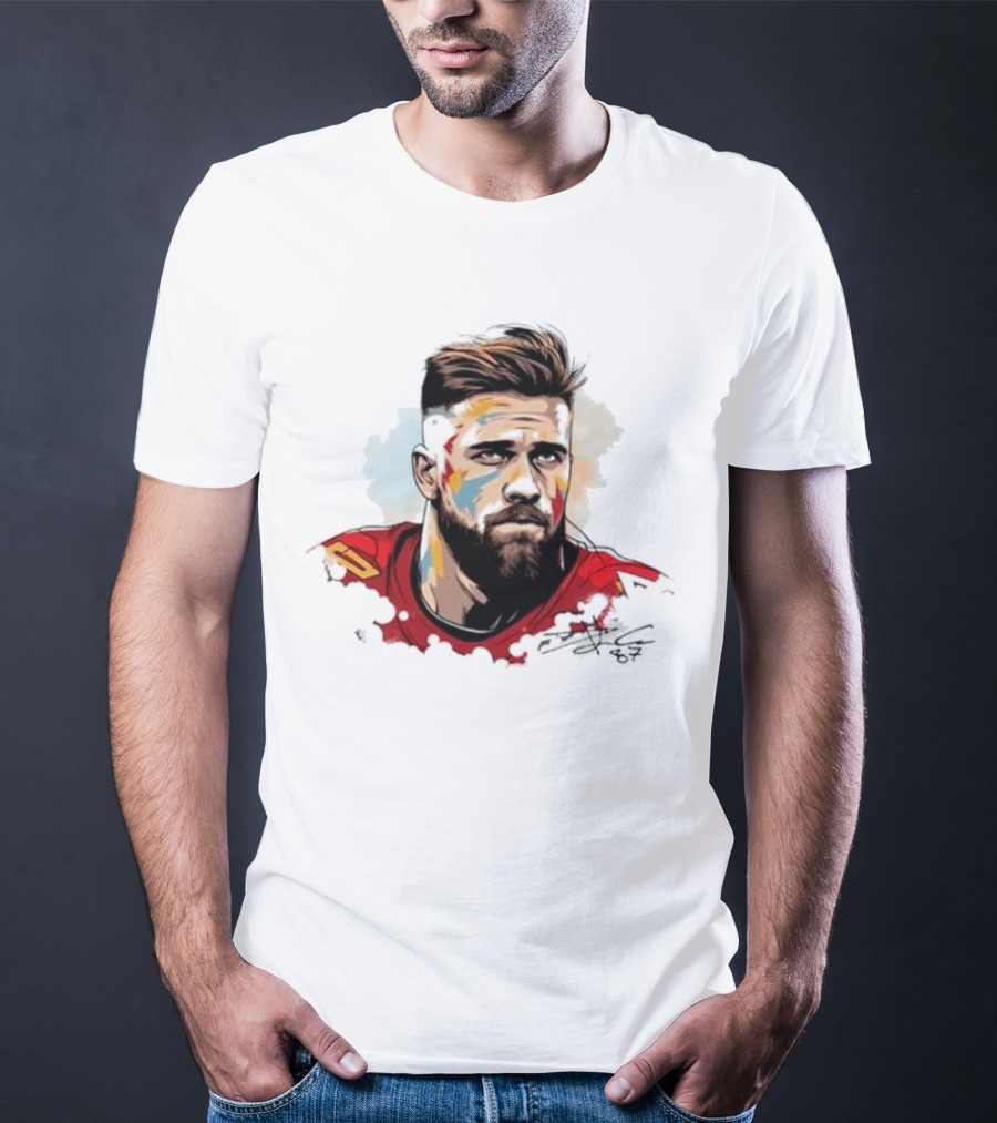 Travis Kelce Signed Portrait Artwork In Red Jersey T-Shirt