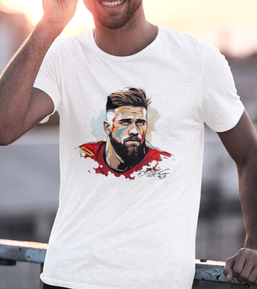 Travis Kelce Signed Portrait Artwork In Red Jersey T-Shirt