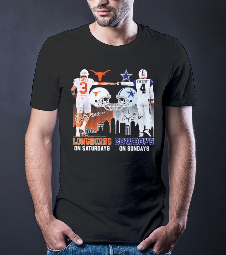 Ewers Longhorns On Saturdays Prescott Cowboys On Sundays Football Helms And Skyline T-Shirt