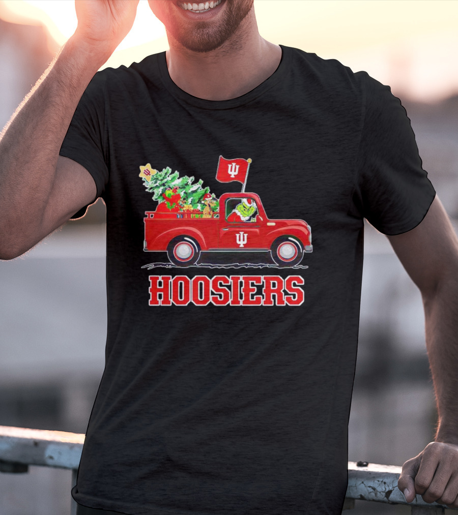 Grinch Driving Indiana Hoosiers Christmas Truck With Holiday Tree T-Shirt