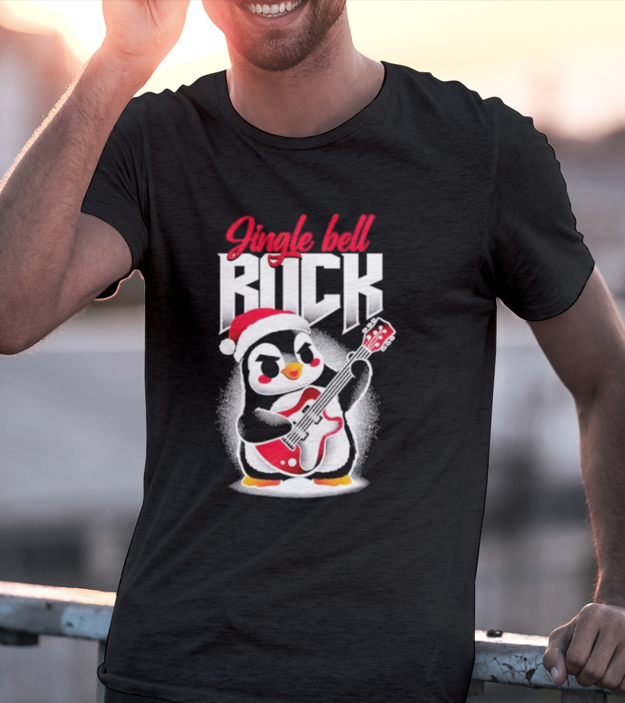 Jingle Bell Rock Penguin Playing Christmas Guitar In Santa Hat T-Shirt