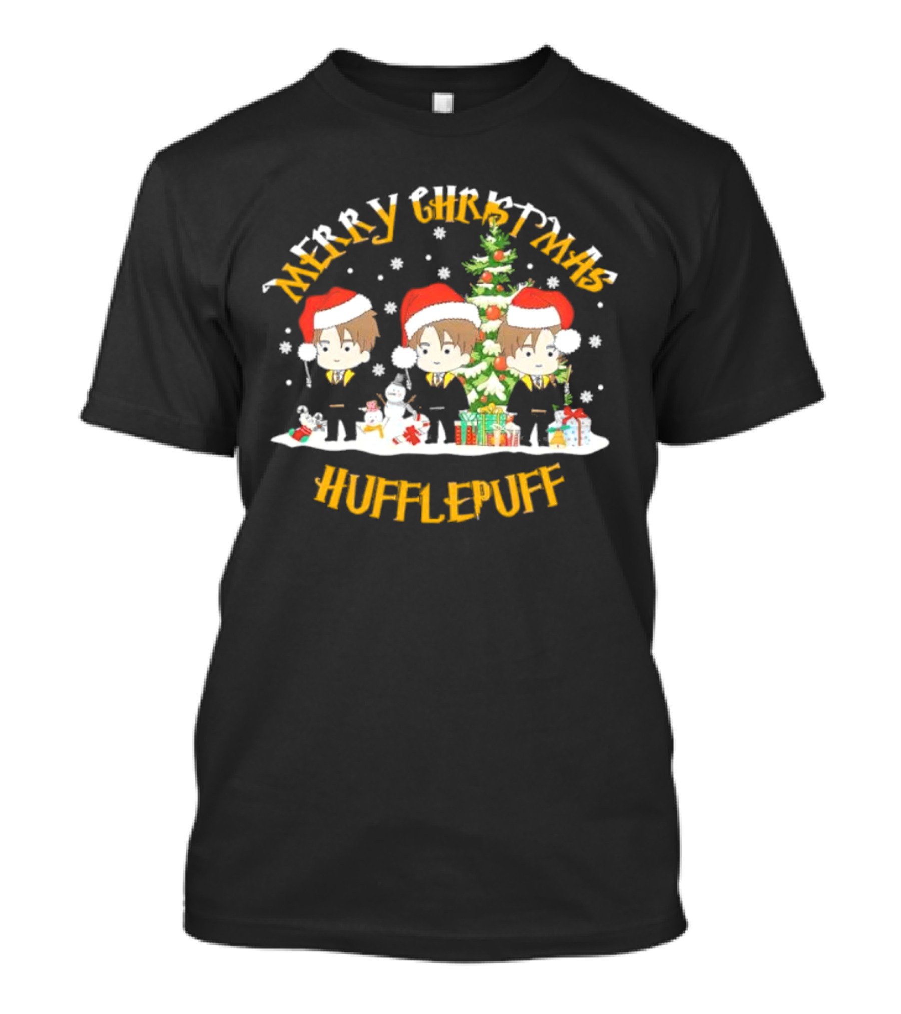 Merry Christmas Hufflepuff Characters With Santa Hats And Christmas Tree T-Shirt