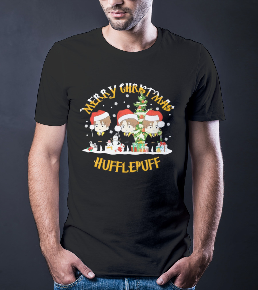 Merry Christmas Hufflepuff Characters With Santa Hats And Christmas Tree T-Shirt