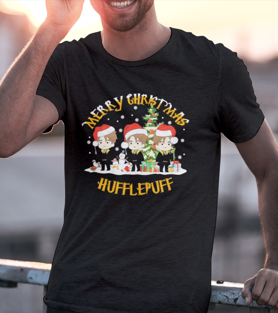 Merry Christmas Hufflepuff Characters With Santa Hats And Christmas Tree T-Shirt