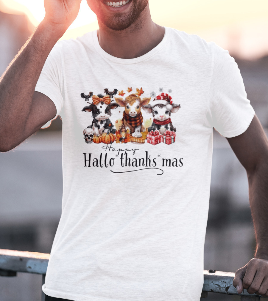 Happy HalloThanksMas Baby Cows With Pumpkins And Gifts T-Shirt