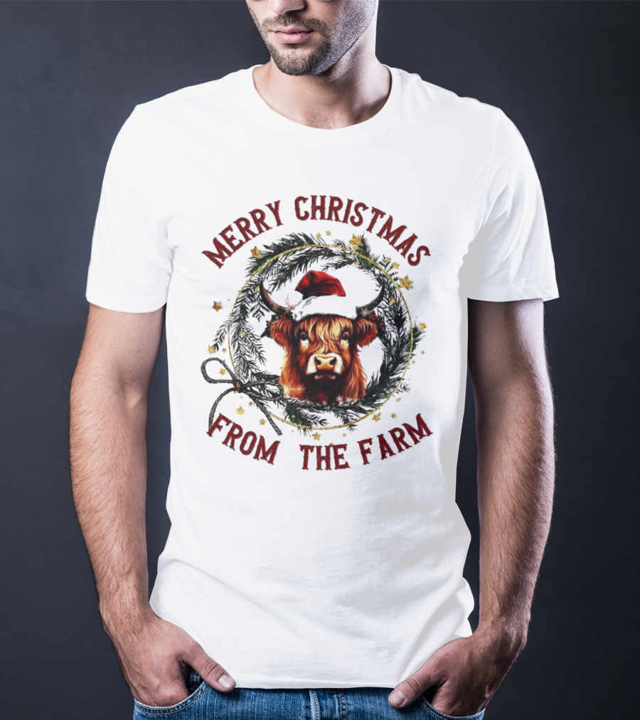 Merry Christmas From The Farm Cow Highland Christmas Wreath T-Shirt