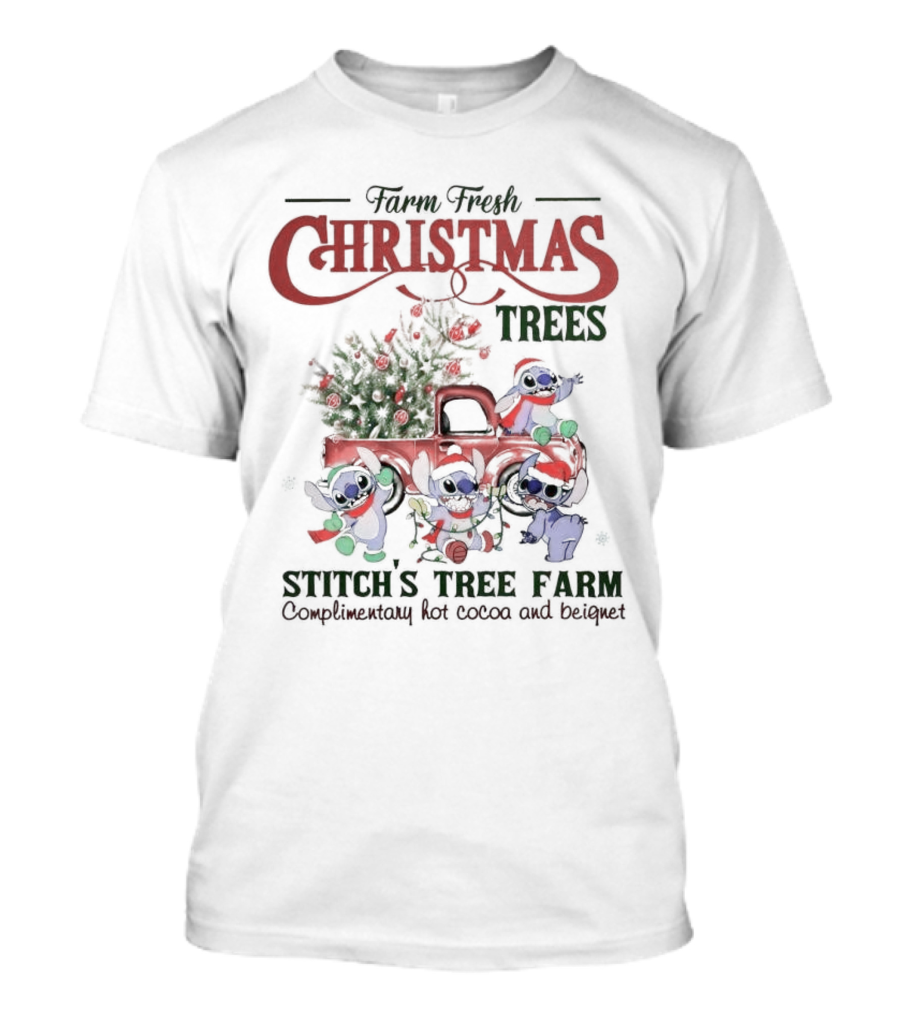 Farm Fresh Christmas Trees Stitch’s Tree Farm Complimentary Hot Cocoa And Beignet T-Shirt