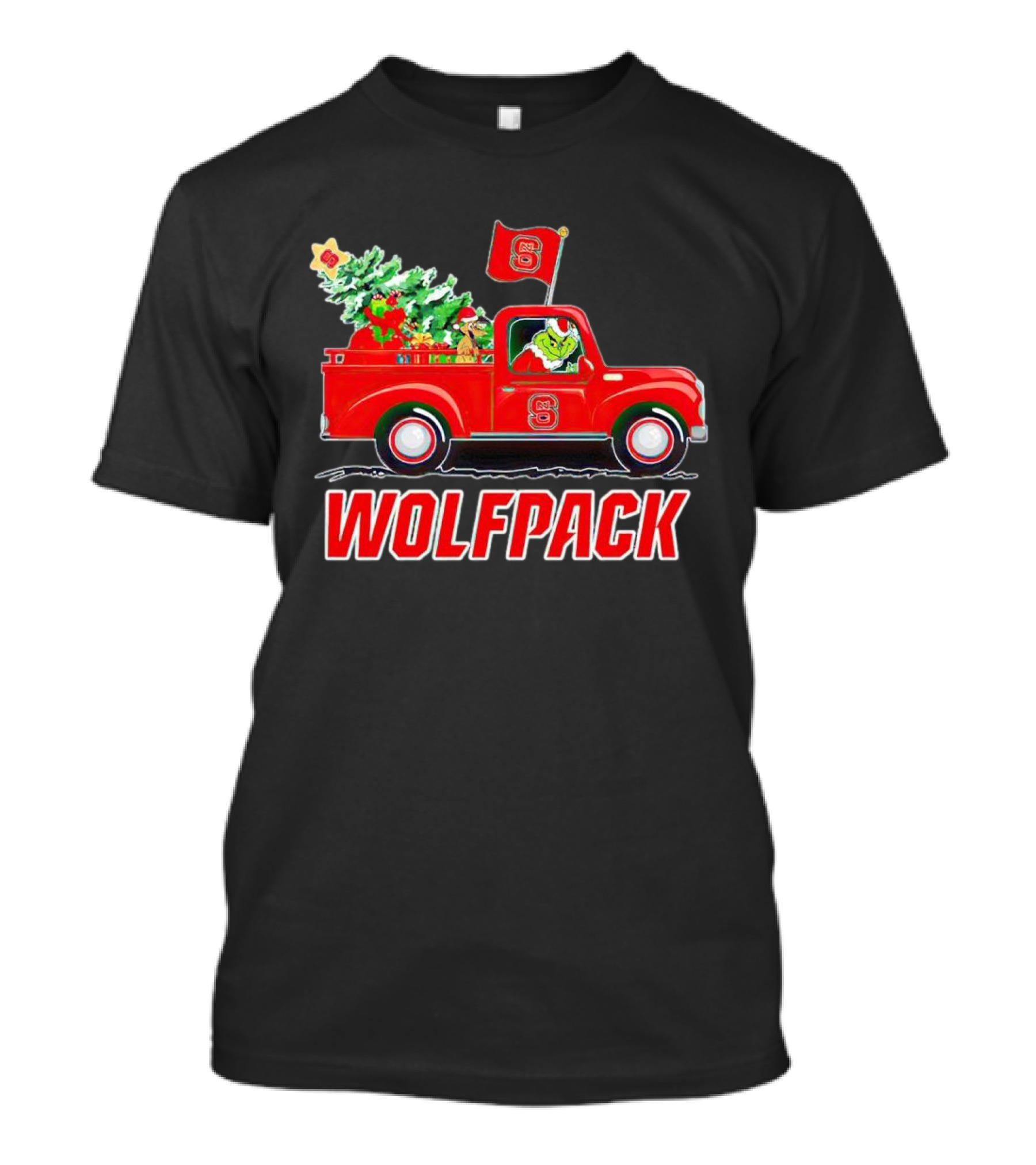 Grinch Driving NC State Wolfpack Christmas Truck With Tree And Flag T-Shirt