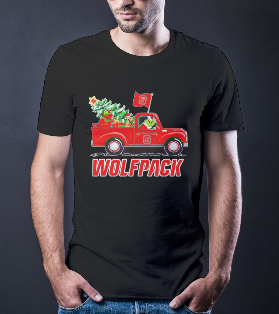 Grinch Driving NC State Wolfpack Christmas Truck With Tree And Flag T-Shirt