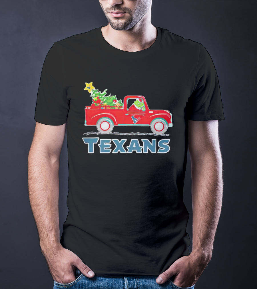Grinch Driving Red Christmas Truck With Houston Texans T-Shirt