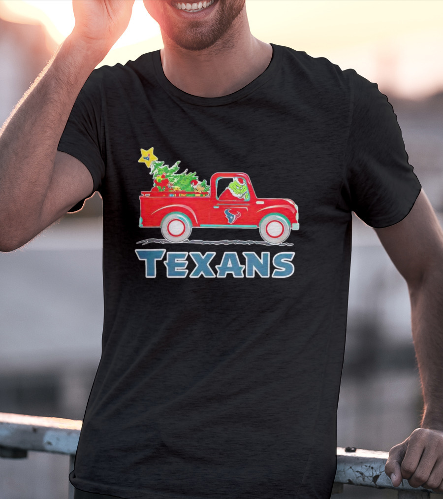 Grinch Driving Red Christmas Truck With Houston Texans T-Shirt