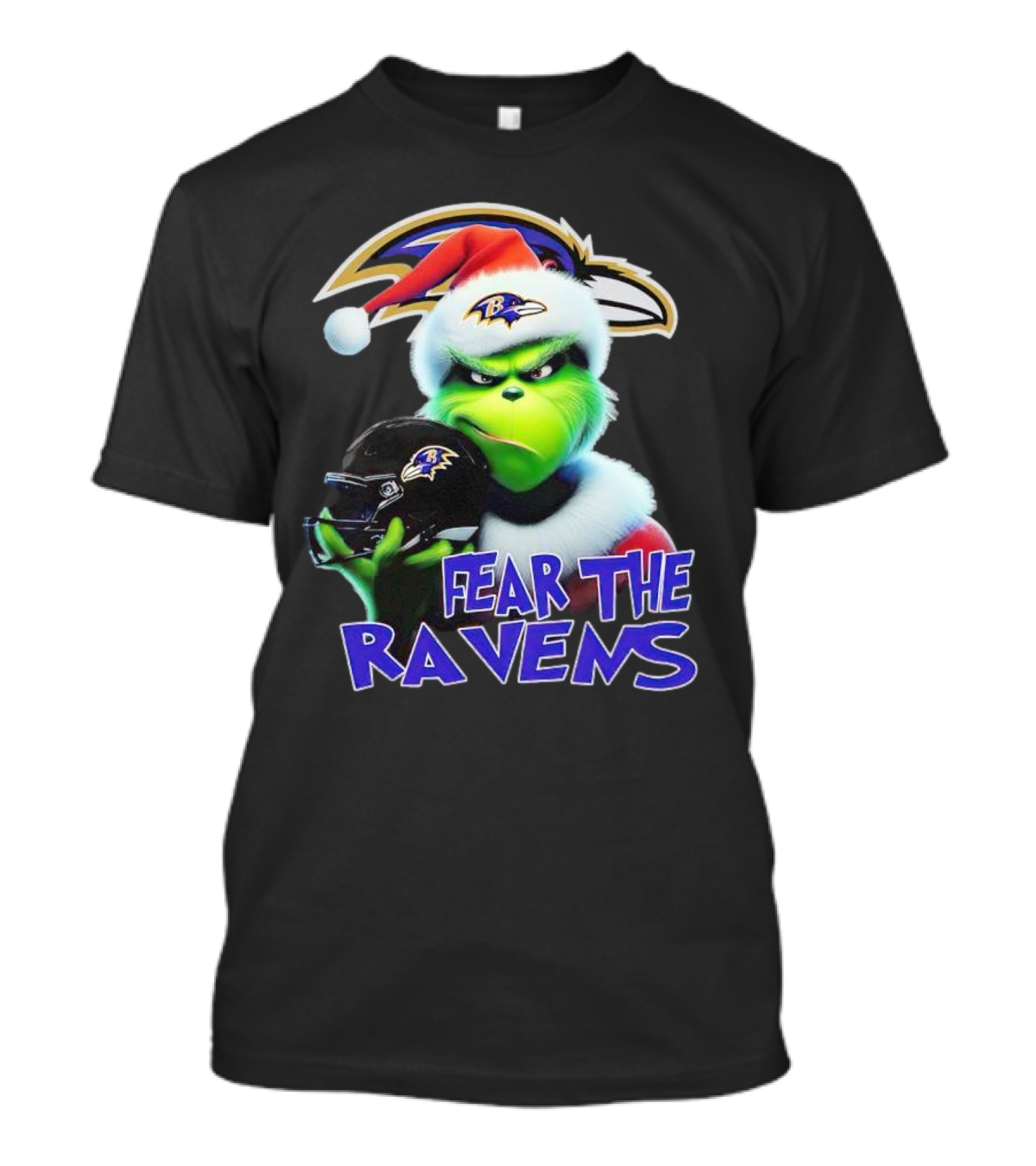 Grinch Wearing Santa Hat Holding Baltimore Ravens Helmet Fear The Ravens T-Shirt