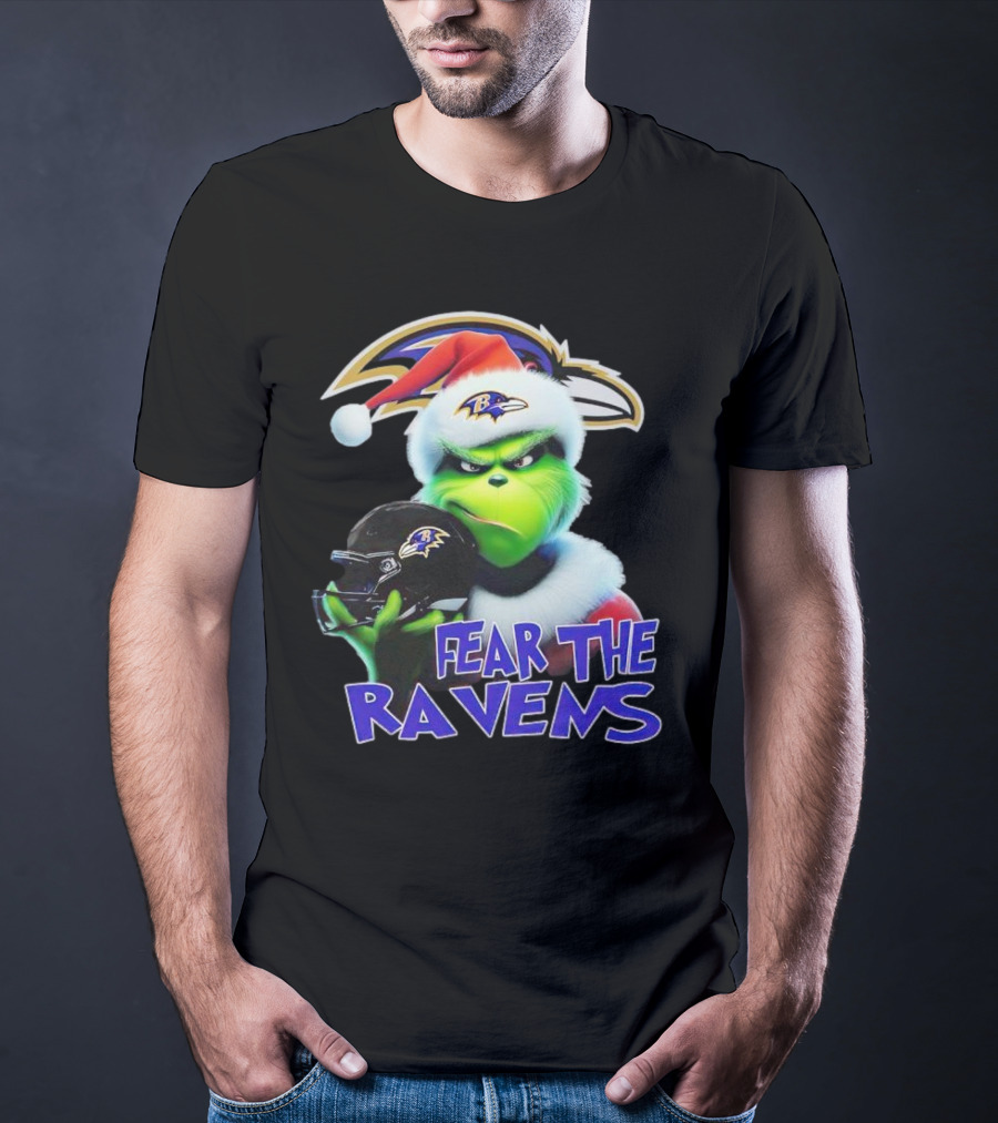 Grinch Wearing Santa Hat Holding Baltimore Ravens Helmet Fear The Ravens T-Shirt