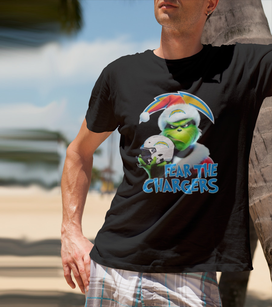 Grinch Santa Holding Los Angeles Chargers Helmet Fear The Chargers T-Shirt