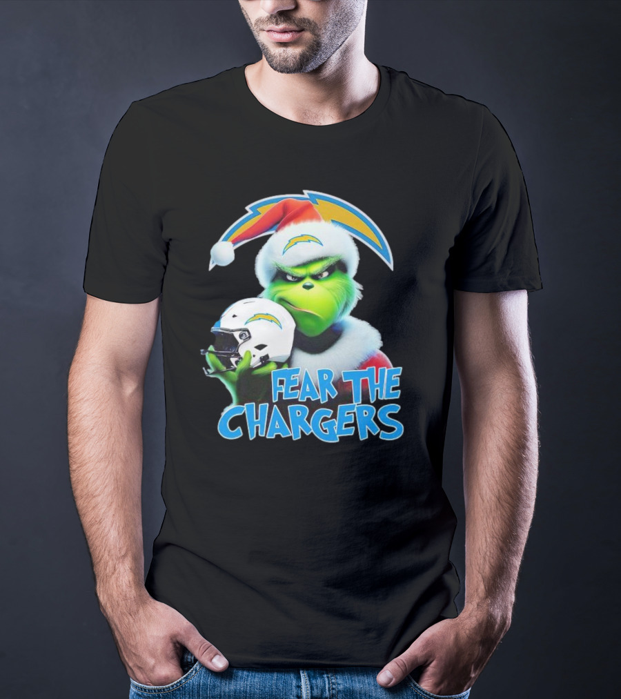 Grinch Santa Holding Los Angeles Chargers Helmet Fear The Chargers T-Shirt