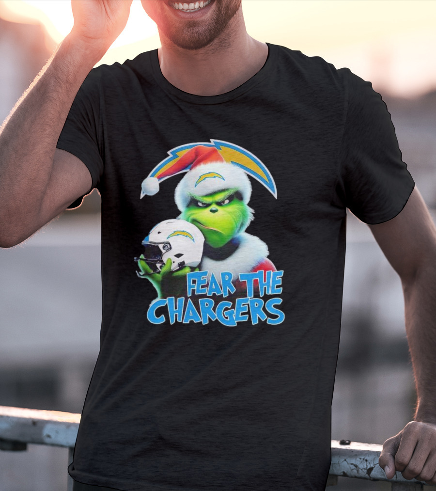 Grinch Santa Holding Los Angeles Chargers Helmet Fear The Chargers T-Shirt