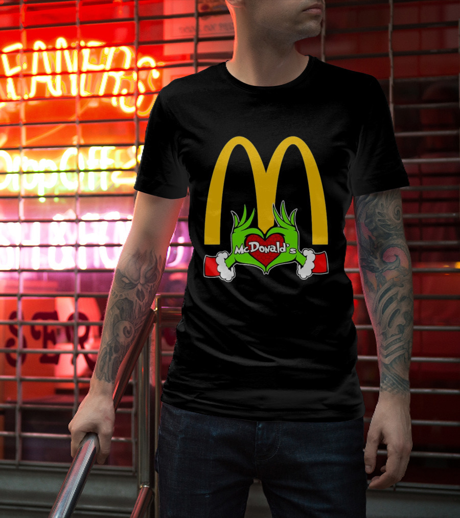 Grinch Holding Heart McDonald’s Logo Christmas T-Shirt