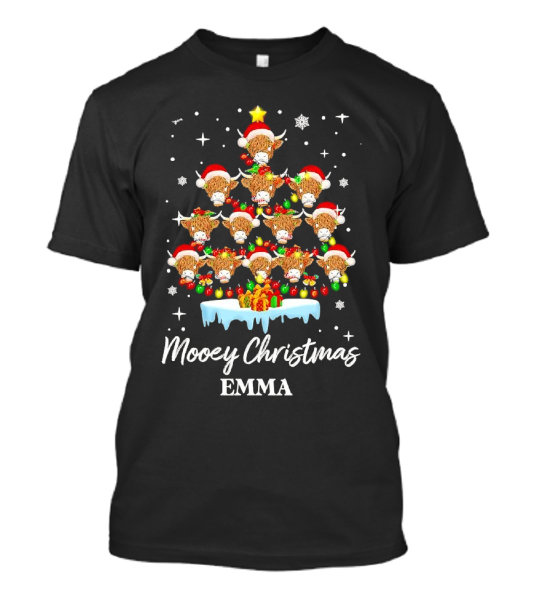 Mooey Christmas Highland Cow Tree Custom Name Emma T-Shirt