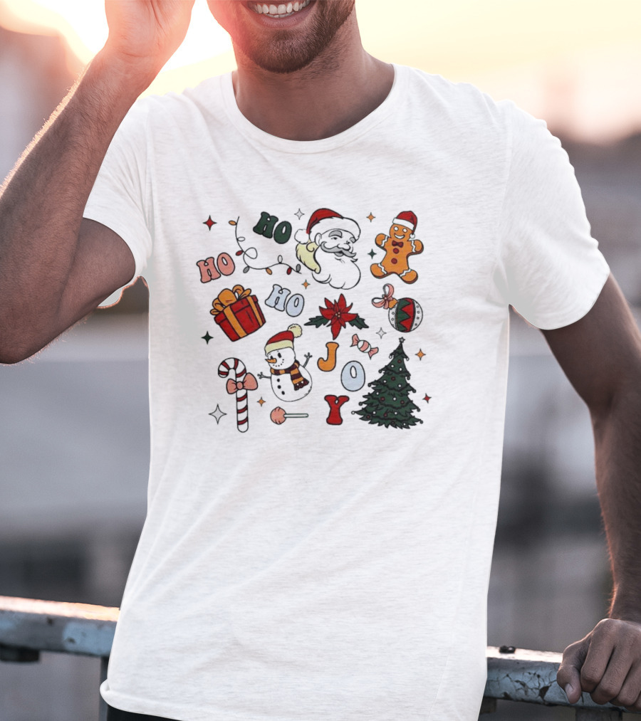 Ho Ho Ho Joy Christmas With Santa Gingerbread And Candy Cane T-Shirt