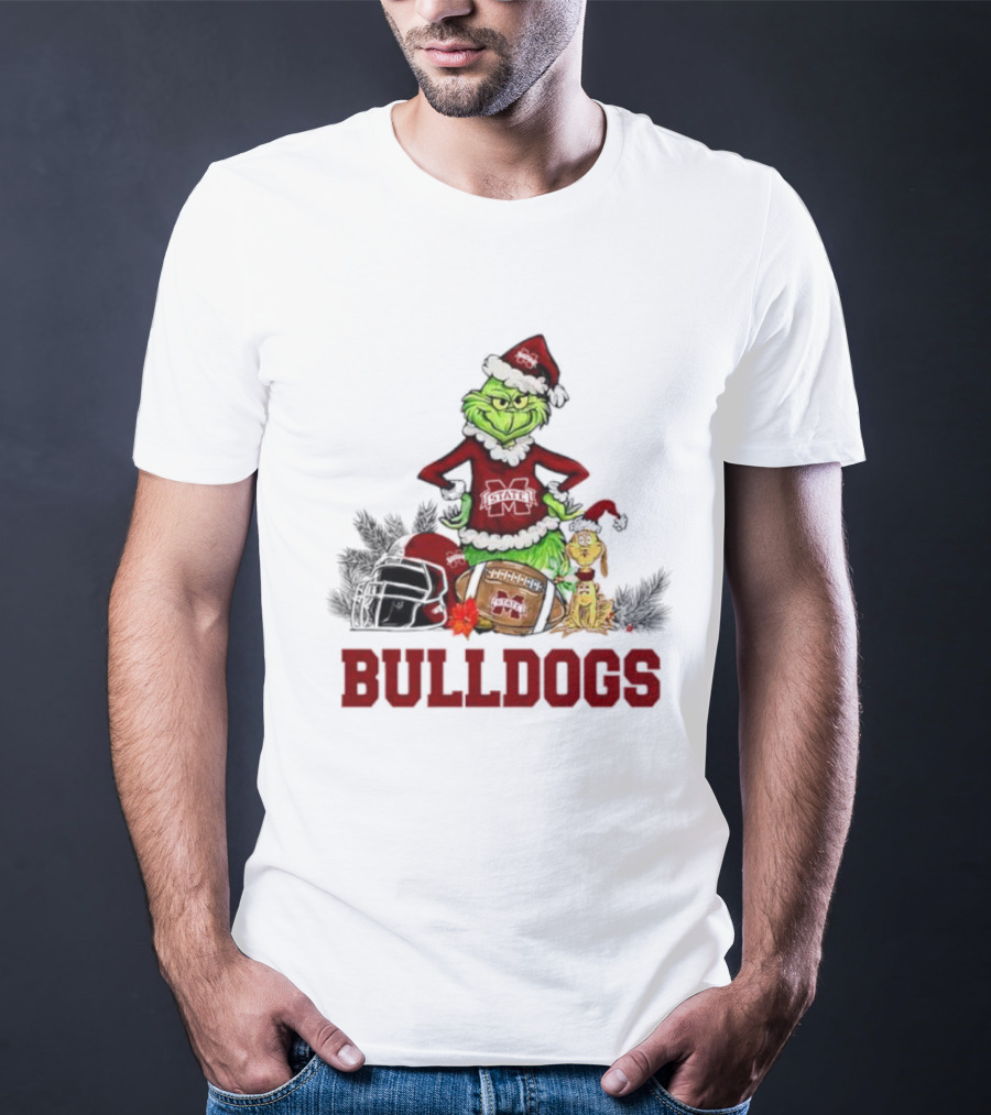 Bulldogs Grinch Max Dog Christmas Football Santa Hat T-Shirt