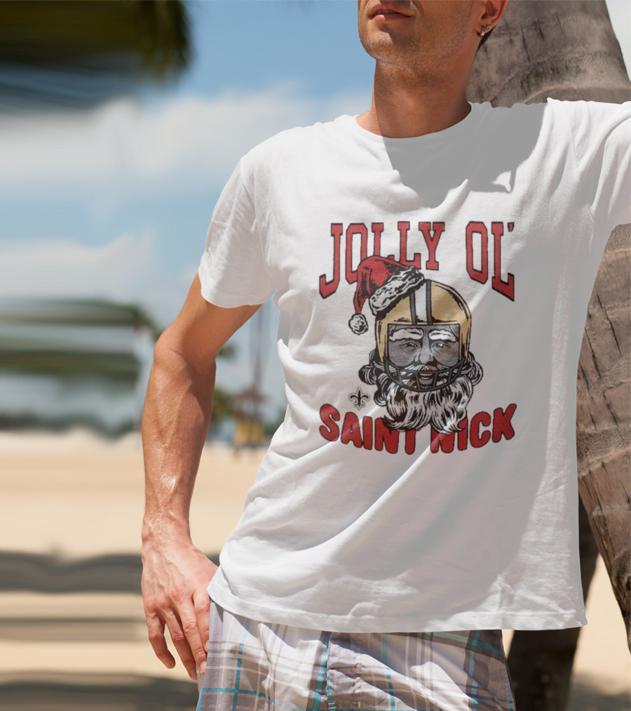 New Orleans Saints Jolly Ol’ Saint Nick With Santa Hat And Fleur-de-Lis Football Helmet Christmas T-Shirt