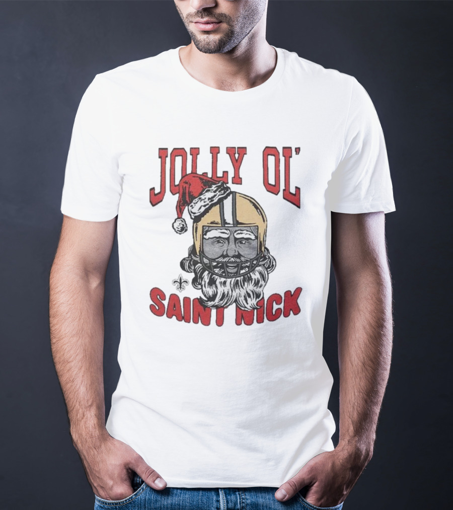 New Orleans Saints Jolly Ol’ Saint Nick With Santa Hat And Fleur-de-Lis Football Helmet Christmas T-Shirt