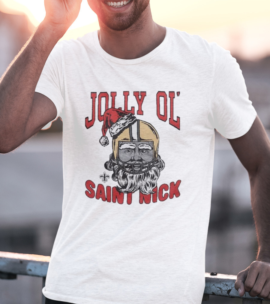 New Orleans Saints Jolly Ol’ Saint Nick With Santa Hat And Fleur-de-Lis Football Helmet Christmas T-Shirt