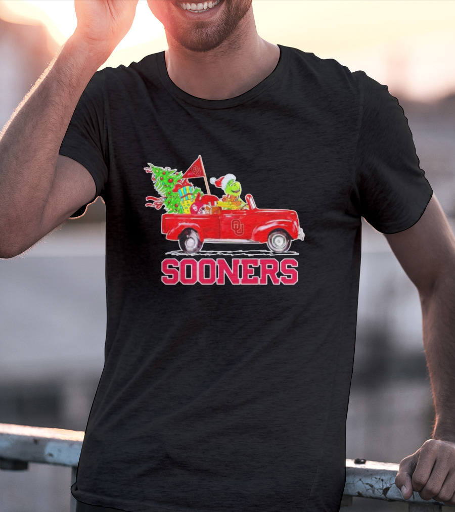 Sooners Grinch Driving Red Truck With Christmas Tree And Gifts T-Shirt