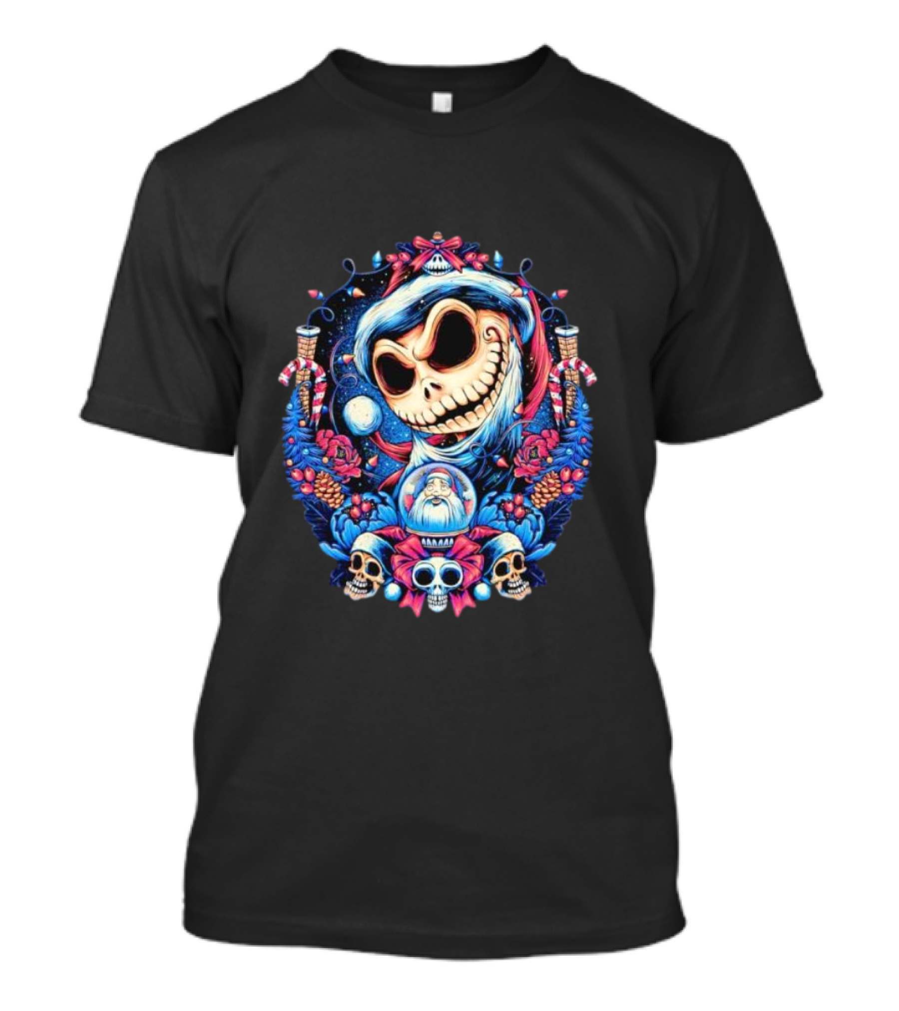 Jack Skellington Christmas Santa Skull Wreath Candy Cane Holiday T-Shirt