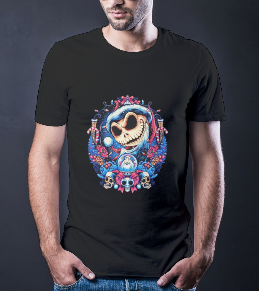Jack Skellington Christmas Santa Skull Wreath Candy Cane Holiday T-Shirt