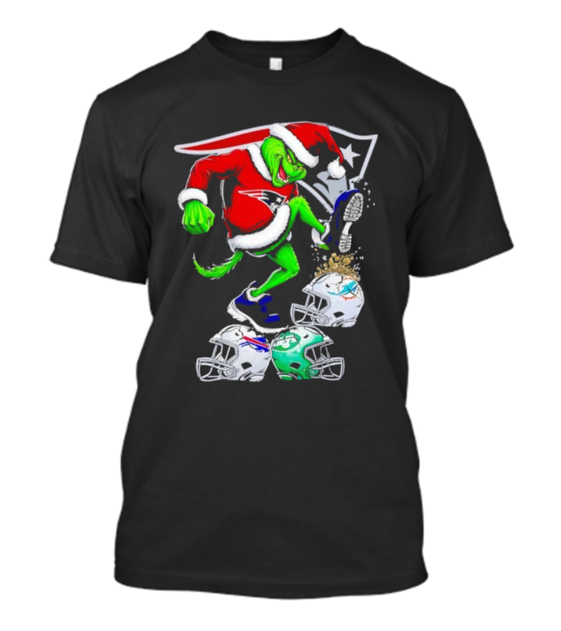 New England Patriots Santa Grinch Stomp On NFL Team Helmets Funny Christmas T-Shirt