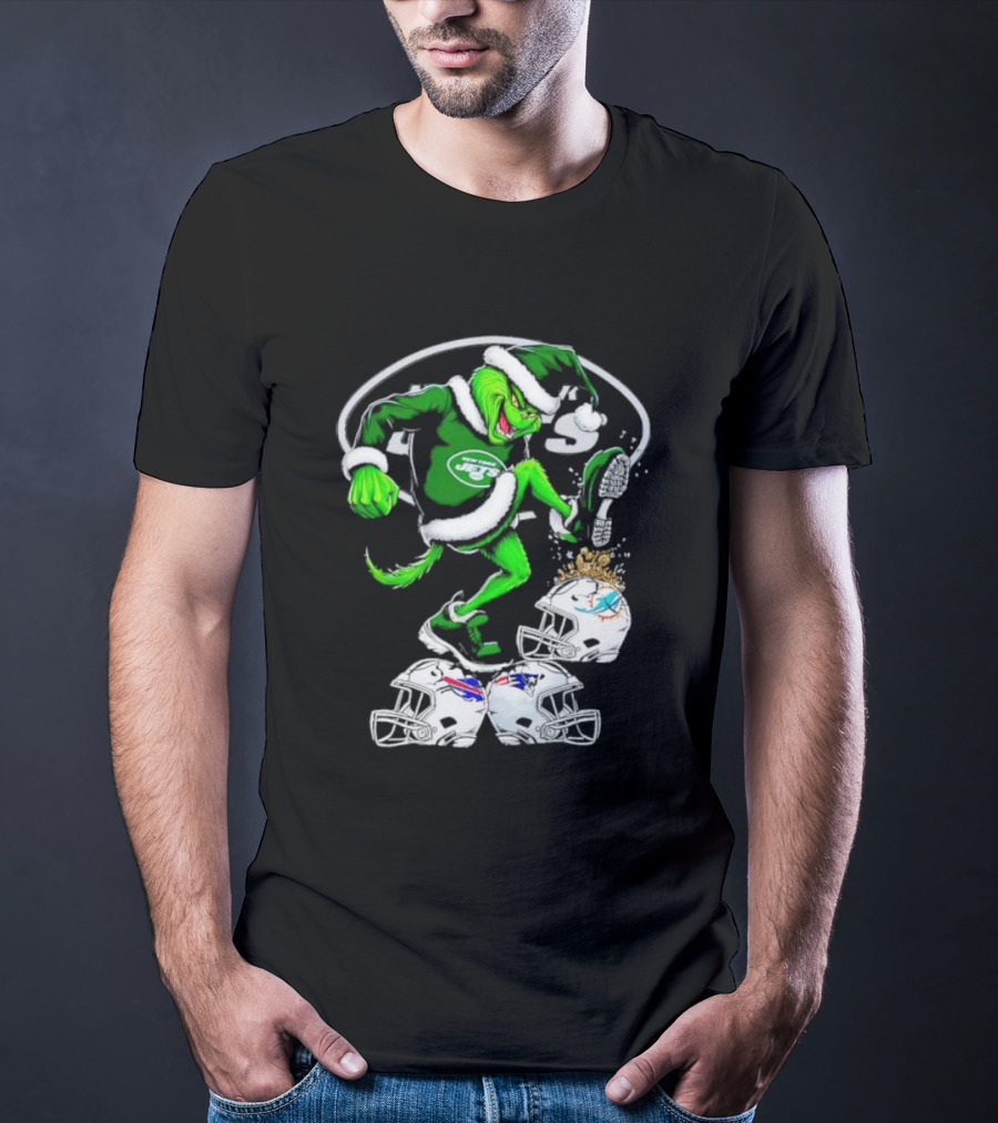 New York Jets Grinch Santa Stomping NFL Helmets Funny Christmas T-Shirt