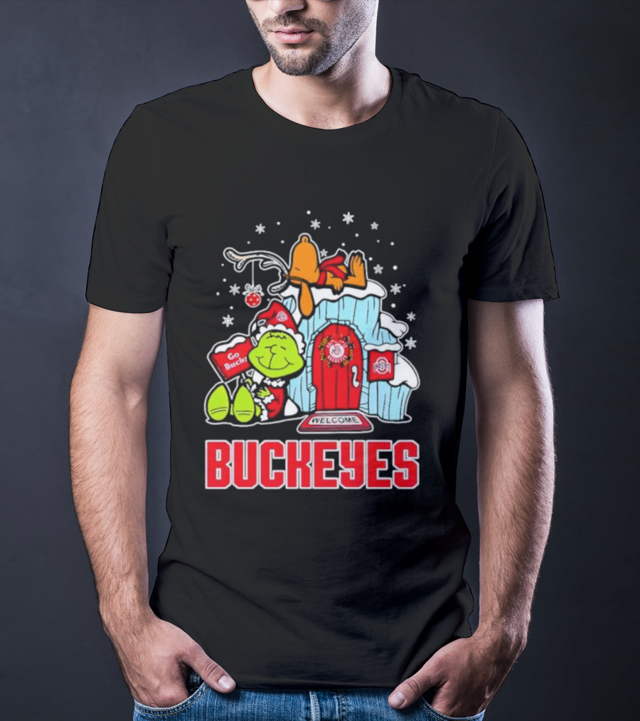 Peanuts Grinch Ohio State Buckeyes Go Bucs Merry Xmas Snoopy Woodstock T-Shirt