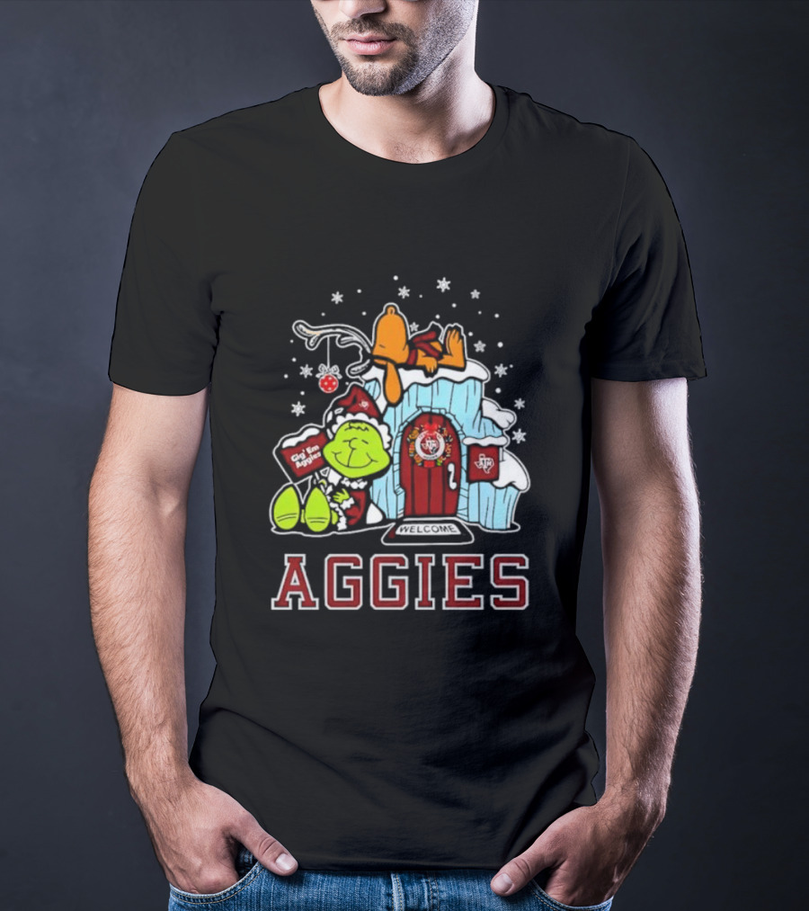 Peanuts Aggies Grinch Snoopy Christmas Hut Texas Holiday T-Shirt