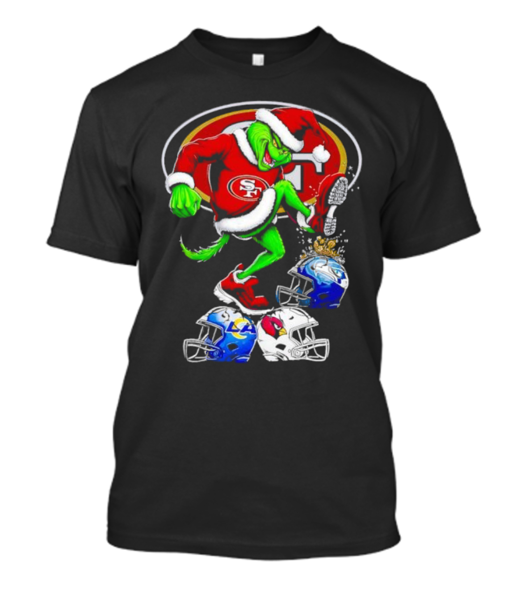 San Francisco 49ers Grinch In Santa Suit Stomps NFL Helmets Rams Cardinals Christmas T-Shirt