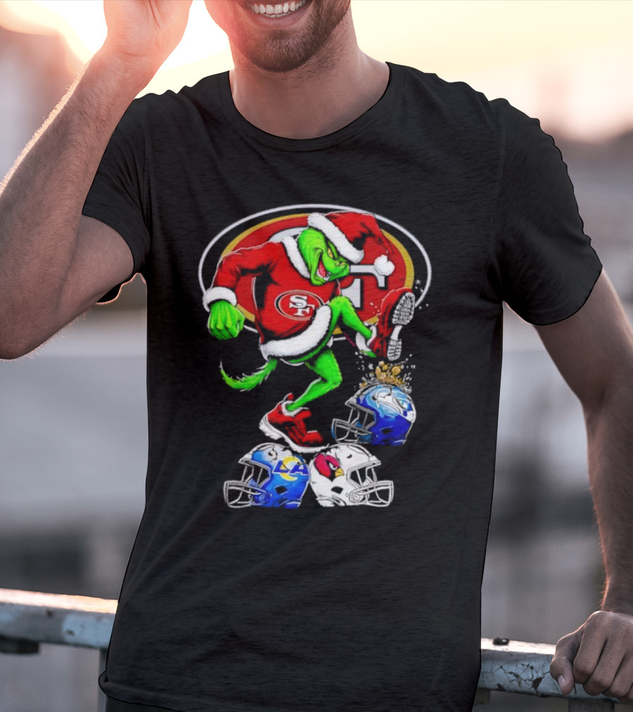 San Francisco 49ers Grinch In Santa Suit Stomps NFL Helmets Rams Cardinals Christmas T-Shirt