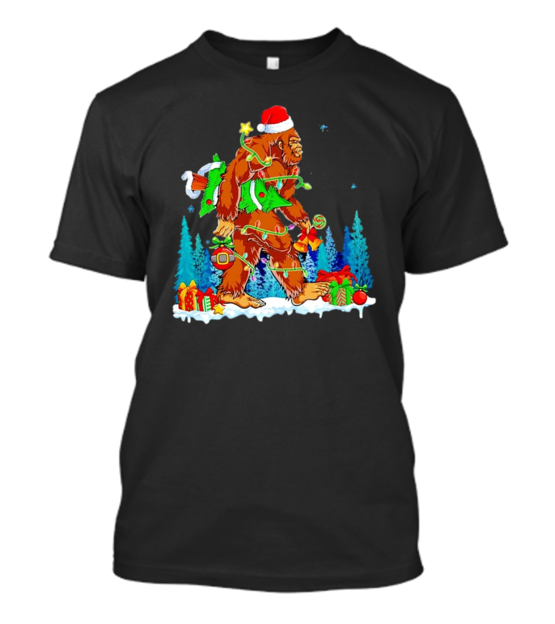 Bigfoot Santa Hugging Christmas Tree With Gifts And Snow Scene T-Shirt