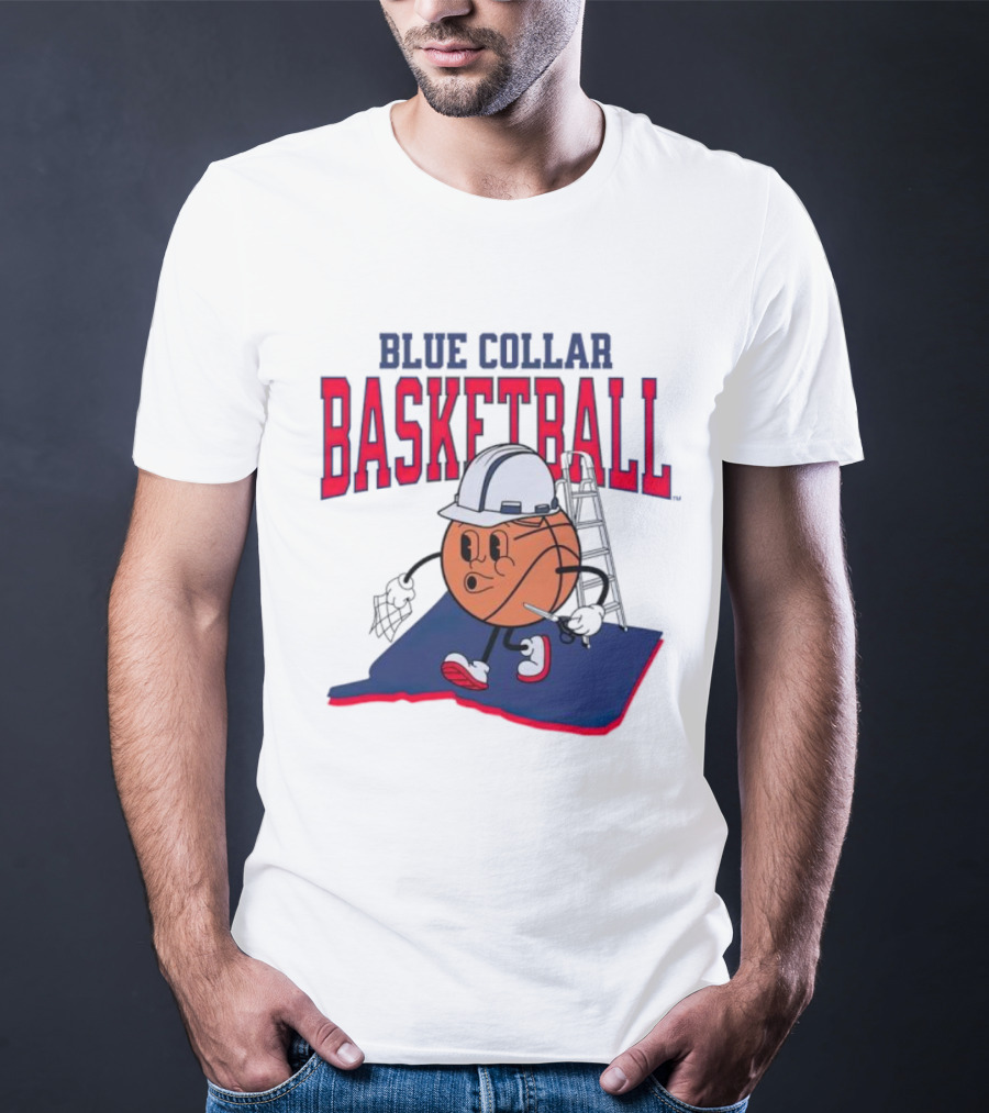 Blue Collar Basketball Hard Hat Hoop Cartoon T-Shirt