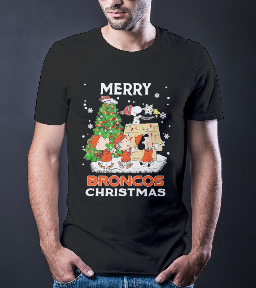 Merry Broncos Christmas Peanuts Characters T-Shirt