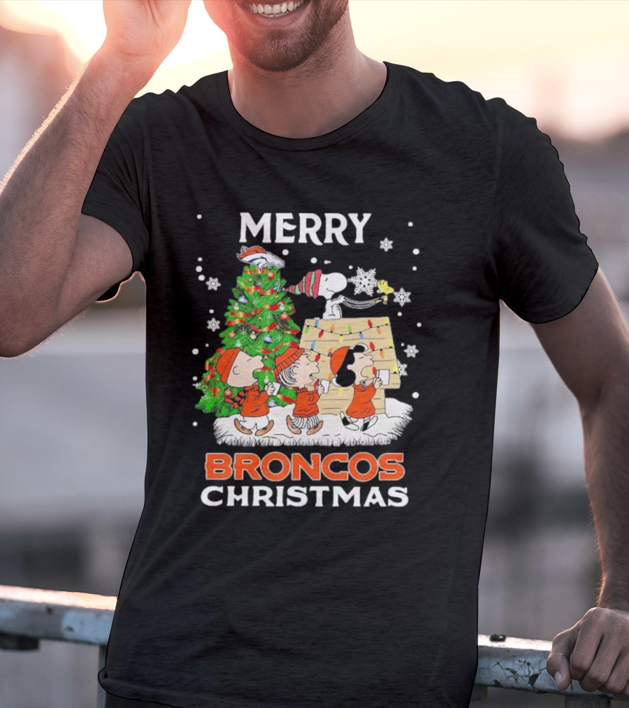 Merry Broncos Christmas Peanuts Characters T-Shirt