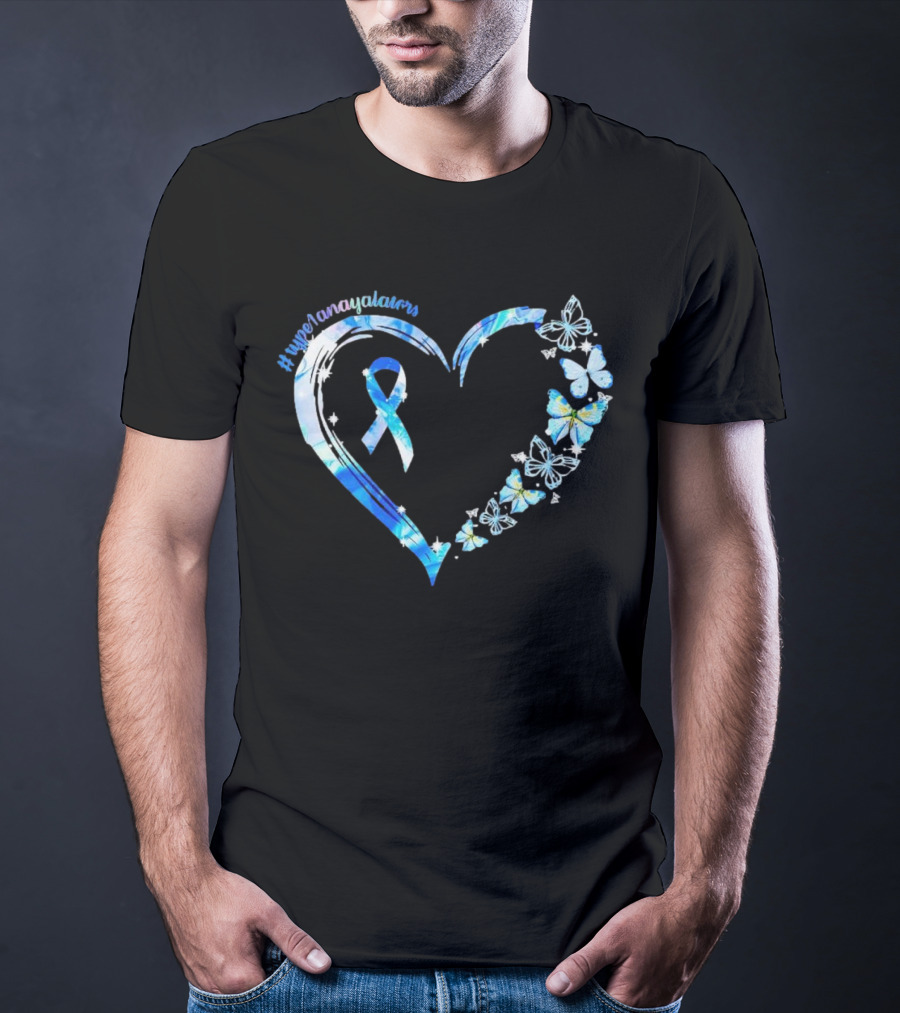Type1Namayalars Diabetes Awareness Heart With Blue Ribbon And Butterflies T-Shirt
