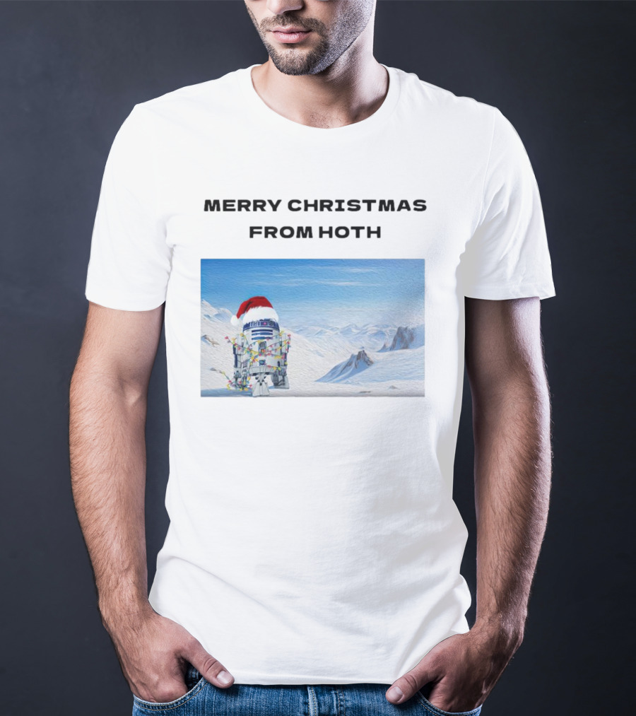 R2-D2 Merry Christmas From Hoth Santa Hat Lights Snowy Scene T-Shirt