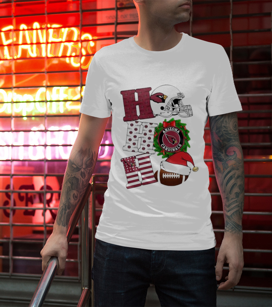 Arizona Cardinals Helmet Wreath Football Ho Ho Ho Merry Christmas T-Shirt