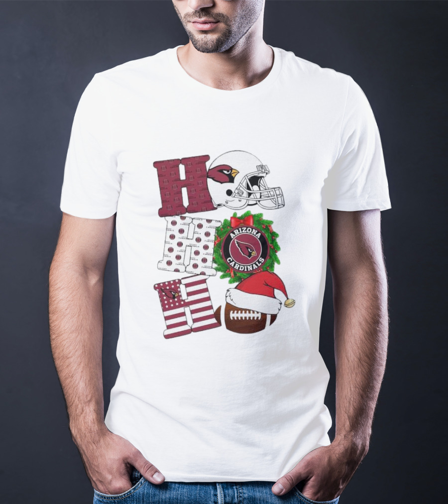Arizona Cardinals Helmet Wreath Football Ho Ho Ho Merry Christmas T-Shirt