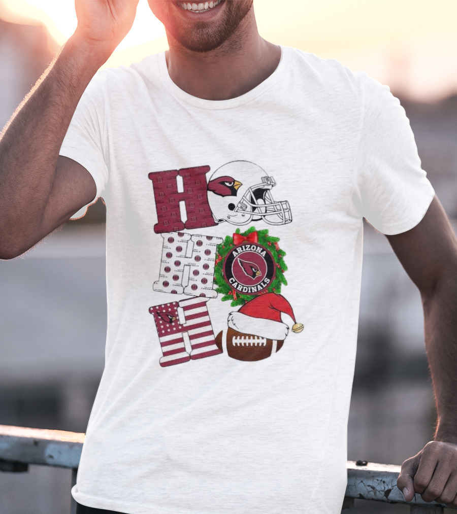 Arizona Cardinals Helmet Wreath Football Ho Ho Ho Merry Christmas T-Shirt